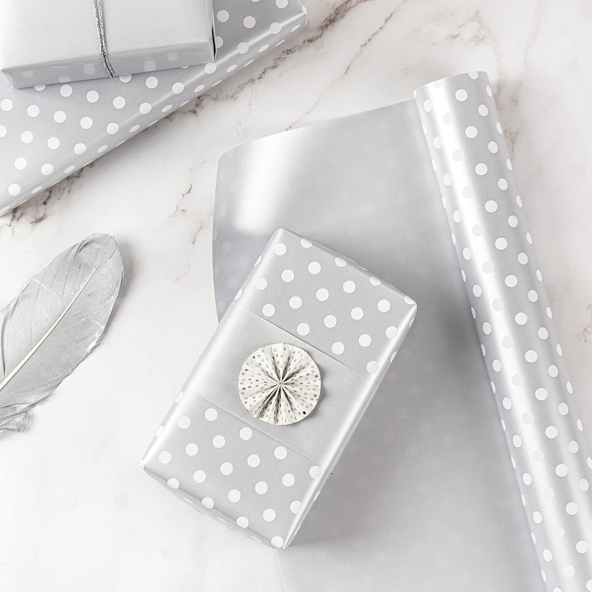 WRAPAHOLIC Reversible Wrapping Paper - Mini Roll - 17 Inch X 33 Feet - Silver Print and Polka Dot