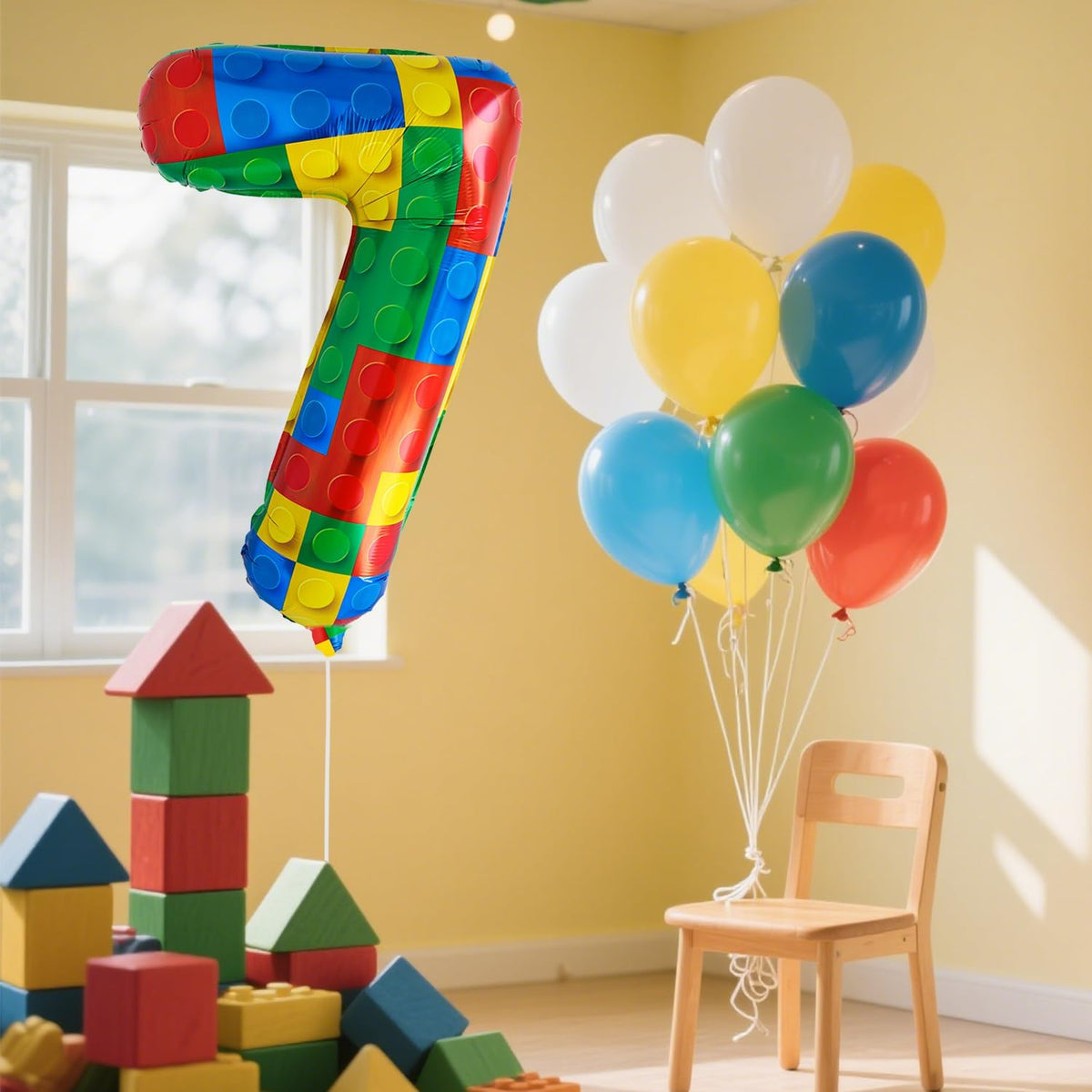 32 Inch Stackable Block Number 7 Balloon – Colorful Brick Building Themed Big Helium Digits for