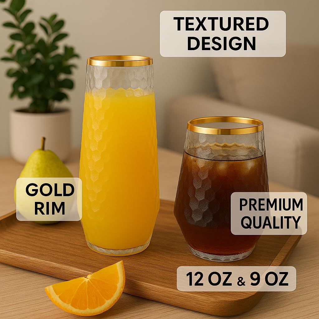 48 Pack Ribbed Origami Ripple Plastic Glasses 24 9oz Stemless Champagne Flutes & 24 12oz Cups
