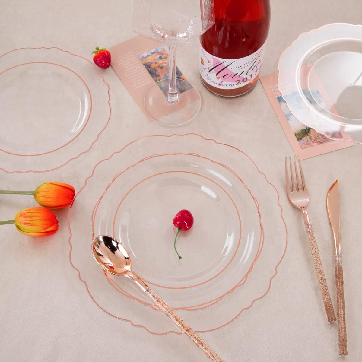 Liacere 150PCS Rose Gold Plastic Plates - Clear Rose Gold Disposable Plates with Glitter Bamboo