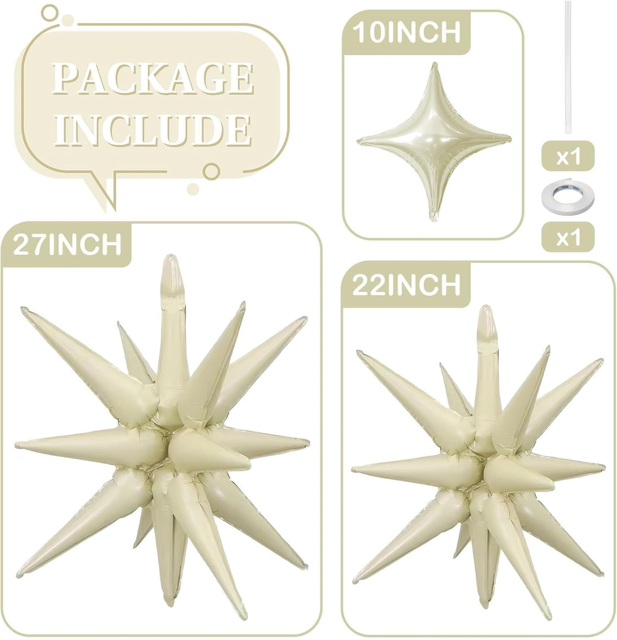 Cream Star Balloons 12pcs, 27/22 Inch Foil Beige Explosion Star Balloons, Large Spike Mylar Cone