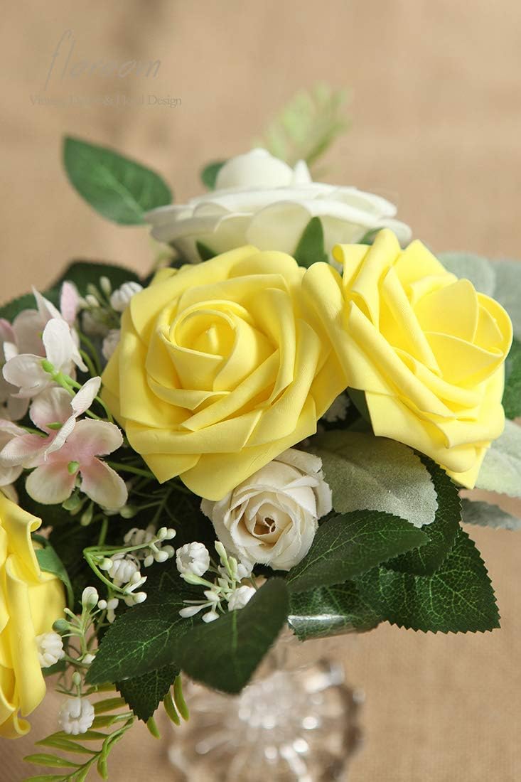 Floroom Artificial Flowers 25pcs Real Looking Canary Yellow Foam Fake Roses with Stems for DIY