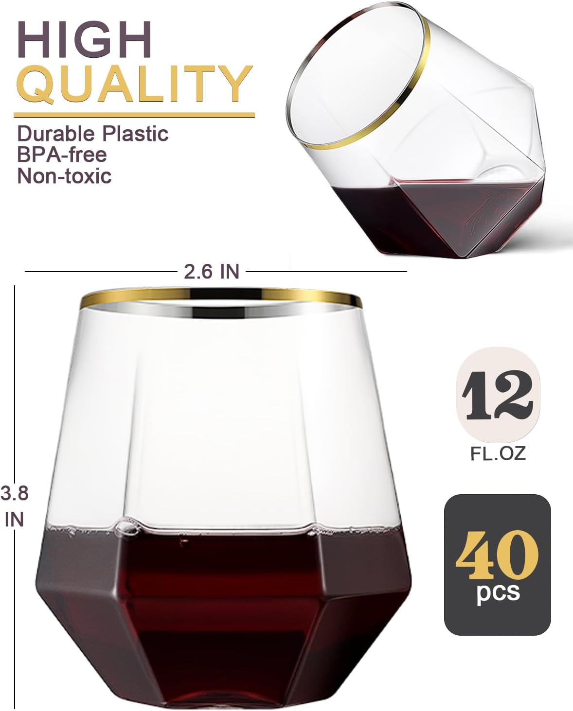 40 Pcak Plastic Stemless Wine cocktail Whiskey Champagne Glasses, 12 Oz Gold Rim Disposable Clear