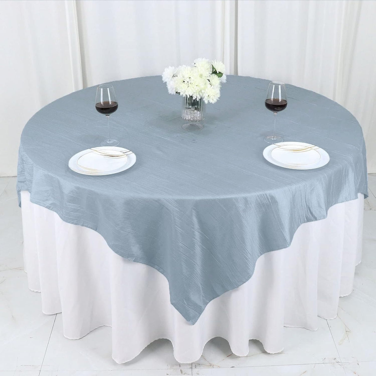 Tableclothsfactory 72"X72" Dusty Blue Accordion Crinkle Taffeta Table Overlay, Square Tablecloth