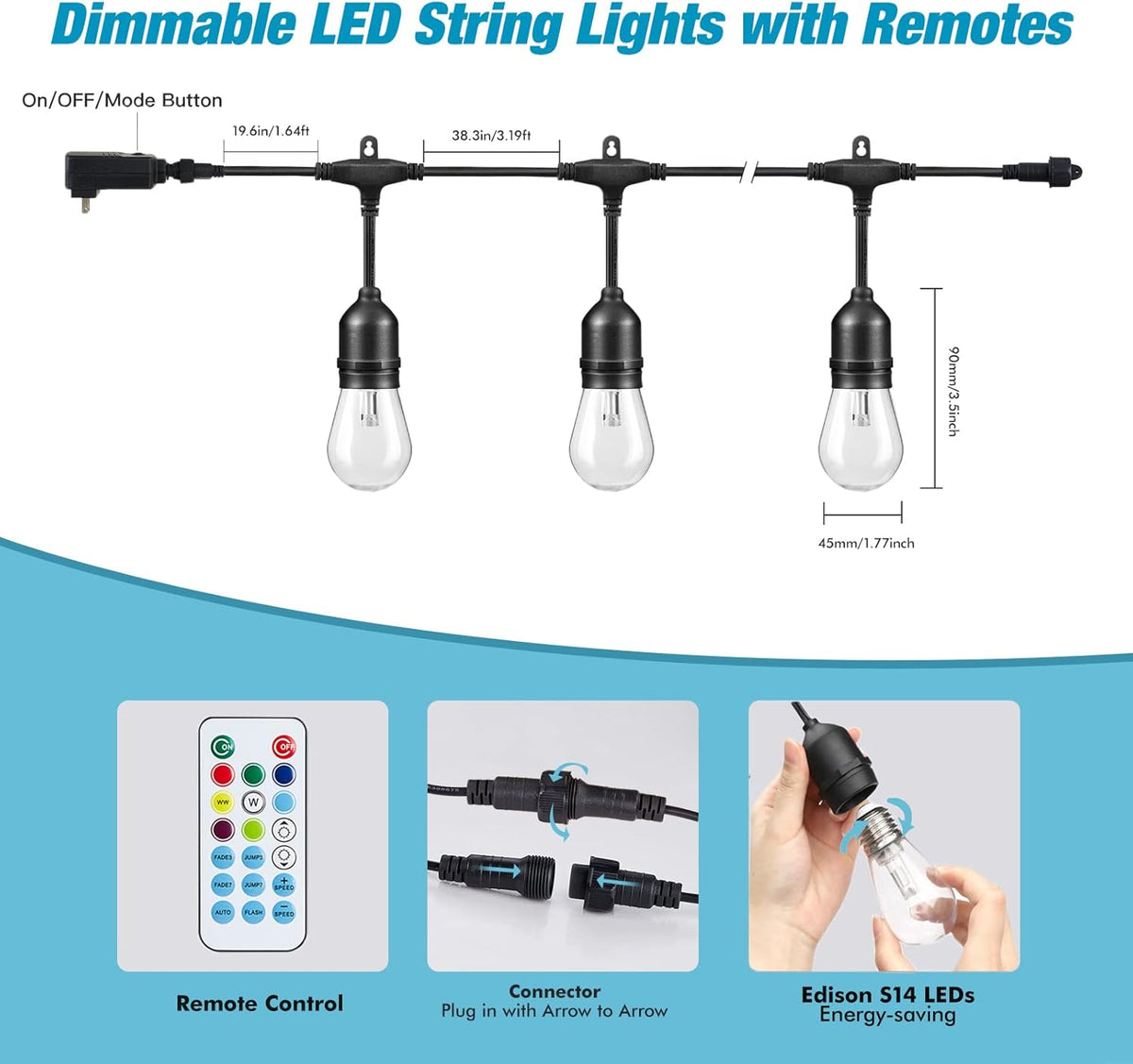 48FT RGB Outdoor String Lights, 15 Shatterproof Edison LED Bulbs, Waterproof Color Changing Patio