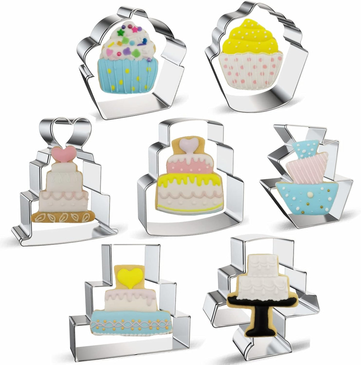 Cake Shaped Cookie Cutters Set of 7 pcs, Stainless Steel Cupcake/Birthday Cake/Wedding Cake Series