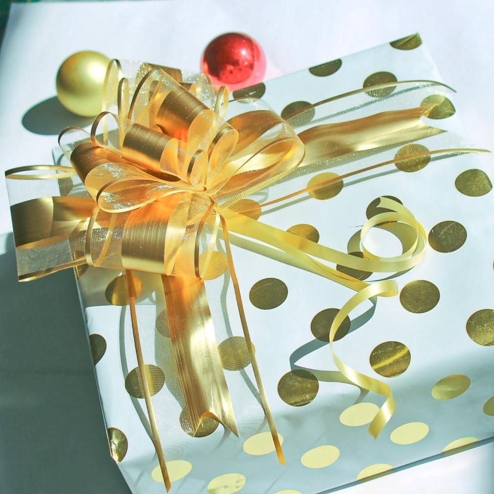 Gold Bows for Gifts, Large Pull Bow for Gift Wrapping, Christmas, New Year, Birthday, Weddings