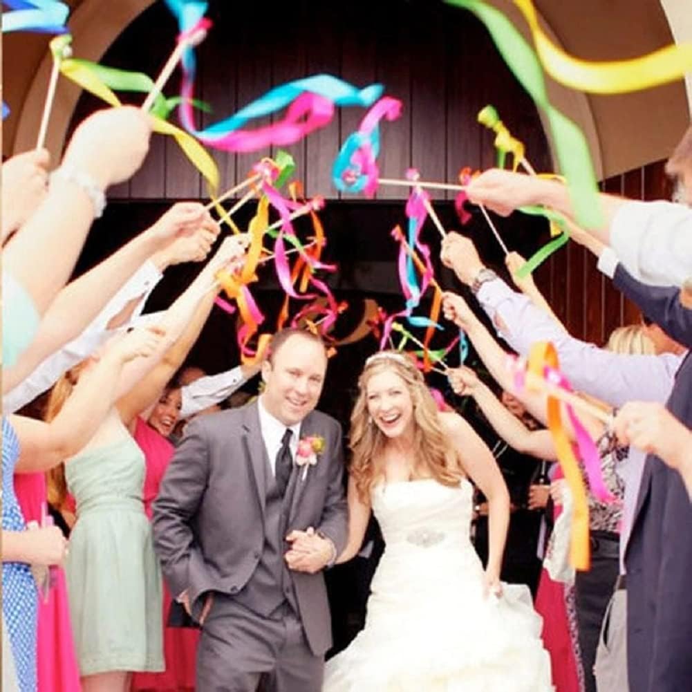 Kingsnow 100 Pieces Multi-Color Ribbon Wands Streamers Sticks with Gold Bell, Chromatic Silk Wish