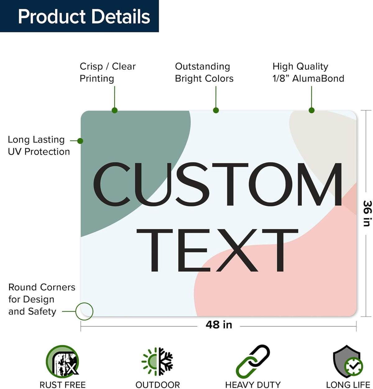 Custom Sign, Custom Street Sign, 11 Font Colors, 13 Font Styles, 4 Hole Options, 22 Sizes, 36x48