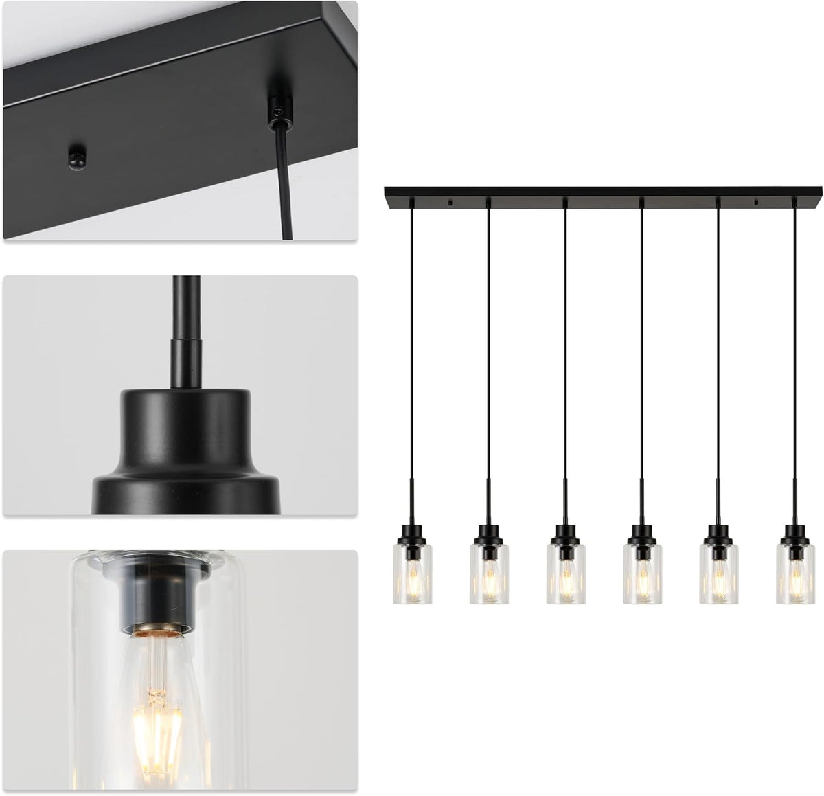 6 Lights Island Lights for Kitchen Modern Industrial Black Linear Chandeliers with Clear Glass
