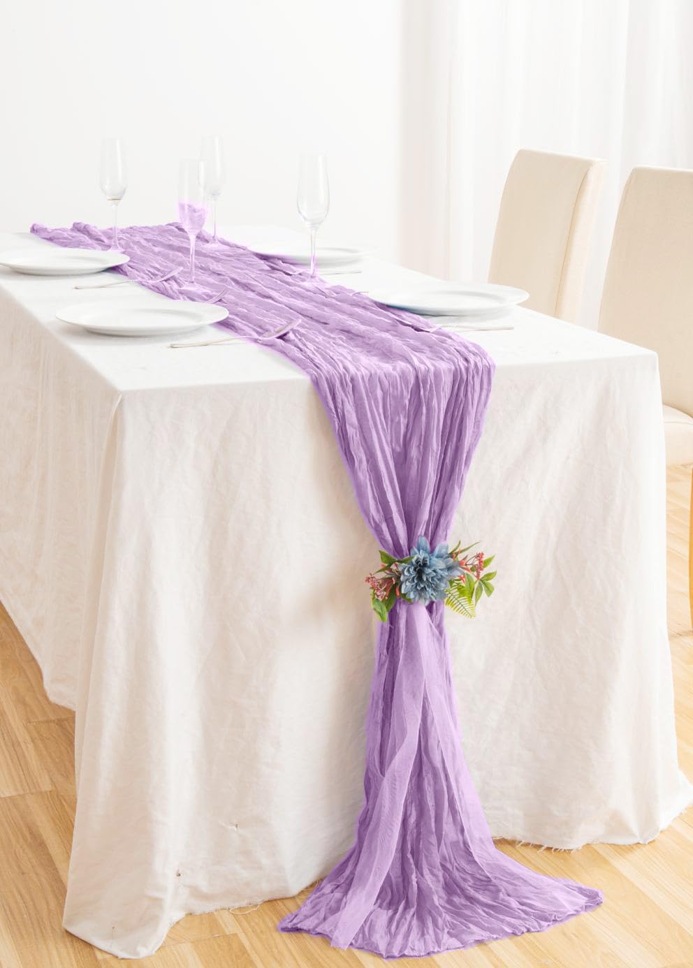 8 Pack 10Ft Table Runner 35x120 inch Purple Boho Gauze Table Cheese Cloth Long Wrinkled Sheer Table