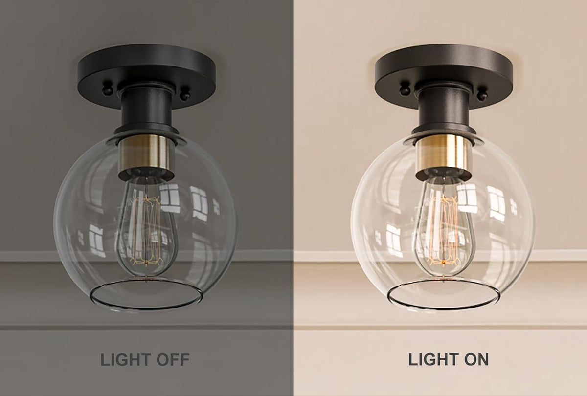 Dan Modern Farmhouse 1-Light Flush Mount Ceiling Light Clear Glass Globe Black Gold Finish for