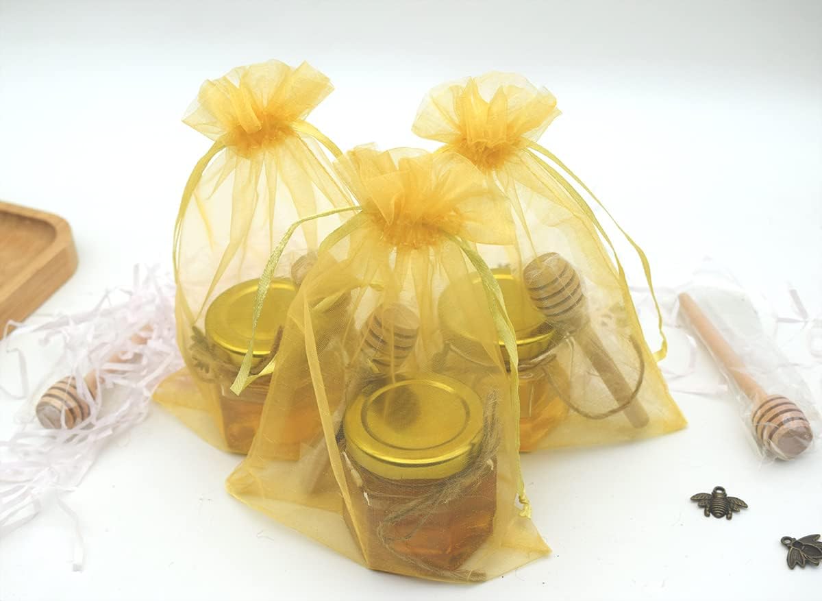 Adabocute Honey Pot, Mini Glass Honey Jars with Wood Dipper, Gold Lid, Bee Charms, Gold Organza