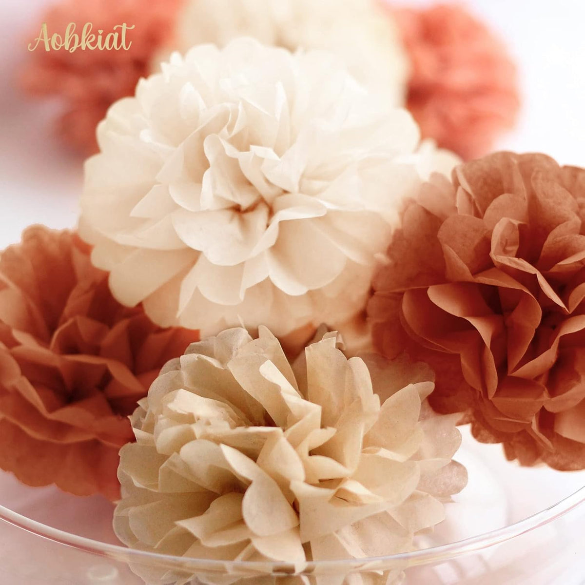 AOBKIAT Boho Fall Wedding Baby Shower Decorations,15PCS Brown Peach Tissue Paper Pom Poms,Circle