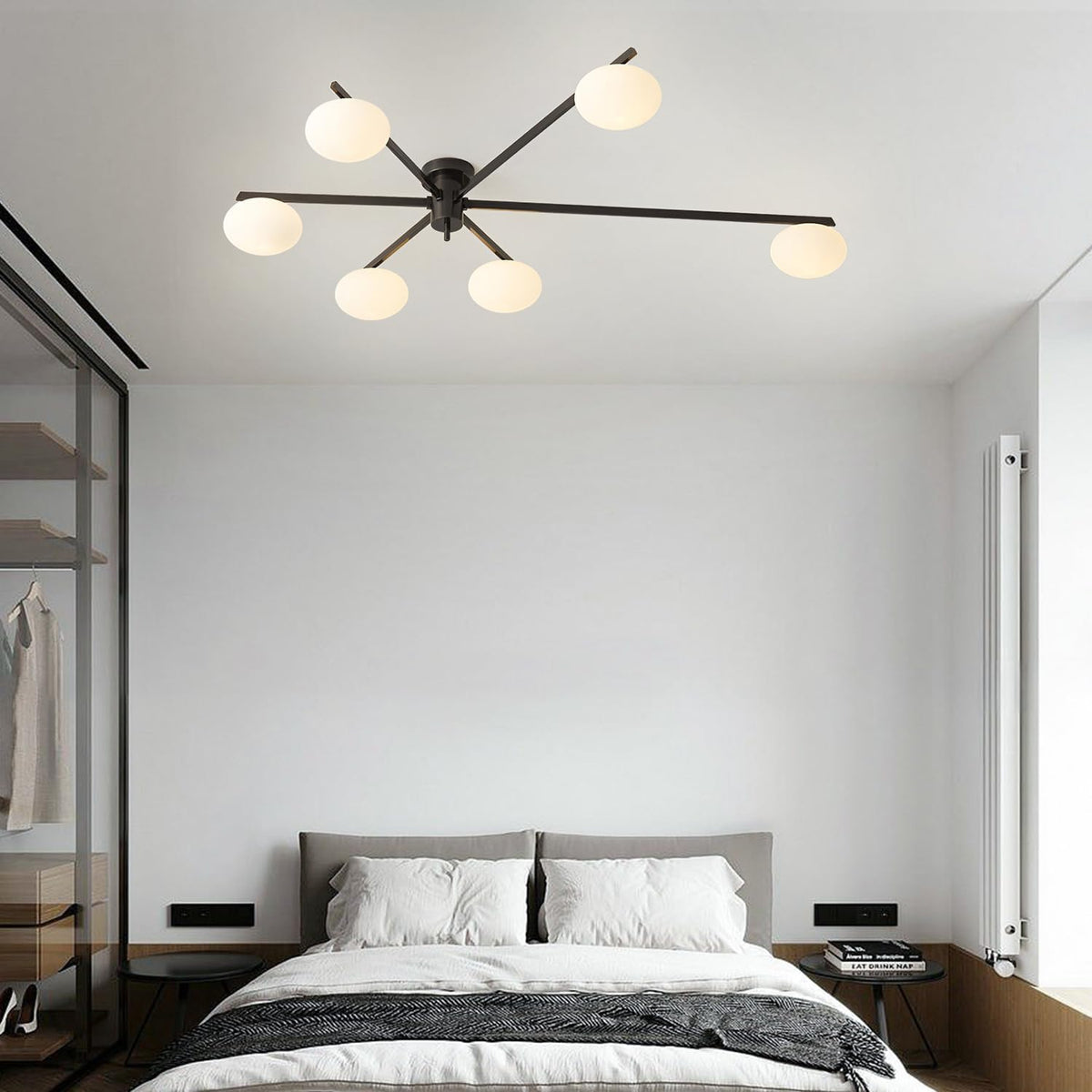 6-Light Mid Century Semi Flush Mount Black Matte Sputnik Chandelier Fixtures with Milk Glass Shade