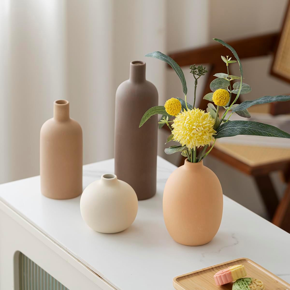 Modern Ceramic Vase Set, Neutral Colors, Decorative Vases for Home Shelf Decor, 4 Piece Collection