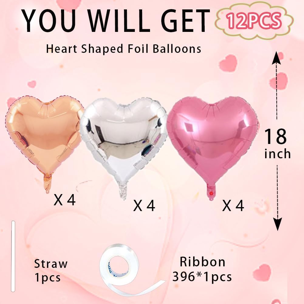 Rose Gold & Silver Heart Balloons,18 Inch Light Pink Foil Love Heart Shaped Balloons for Birthday