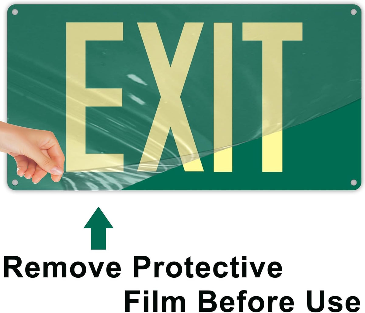 (2Pack) Photoluminescent Exit Sign, Glow In The Dark Aluminum Exit Sign Green - Adhesive Backing