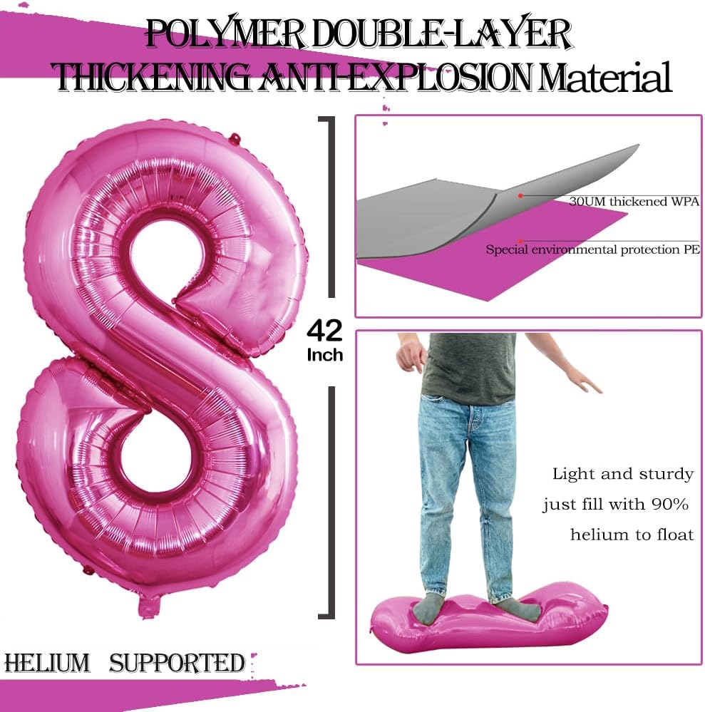 GOER Hot Pink Foil Balloons Number 8,Huge Number Balloons for 8th Birthday Party Supplies