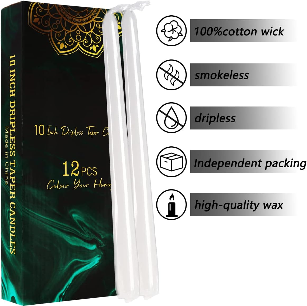 Dripless Taper Candles - Unscented White Candles Bulk - Candle Sticks Long Burning 7.5-8 Hours