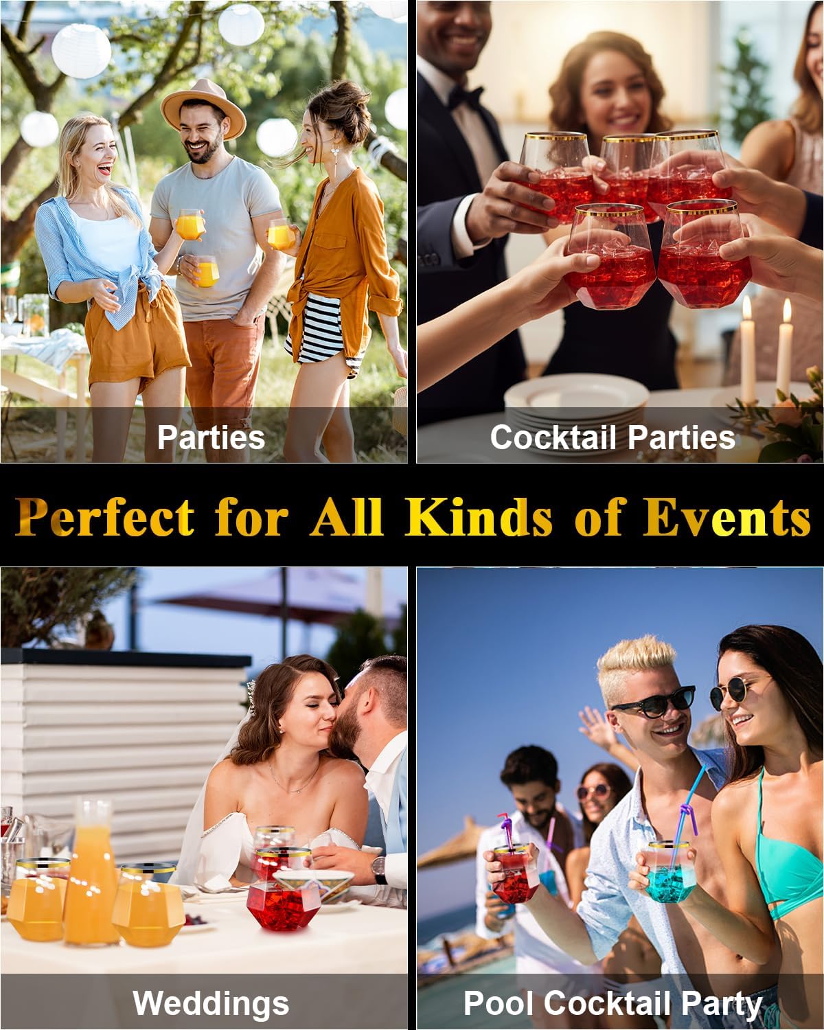 40 PCS Clear & Gold Rim 12 Oz Plastic Wine Whiskey Glasses, Diamond Stemless Unbreakable Disposable