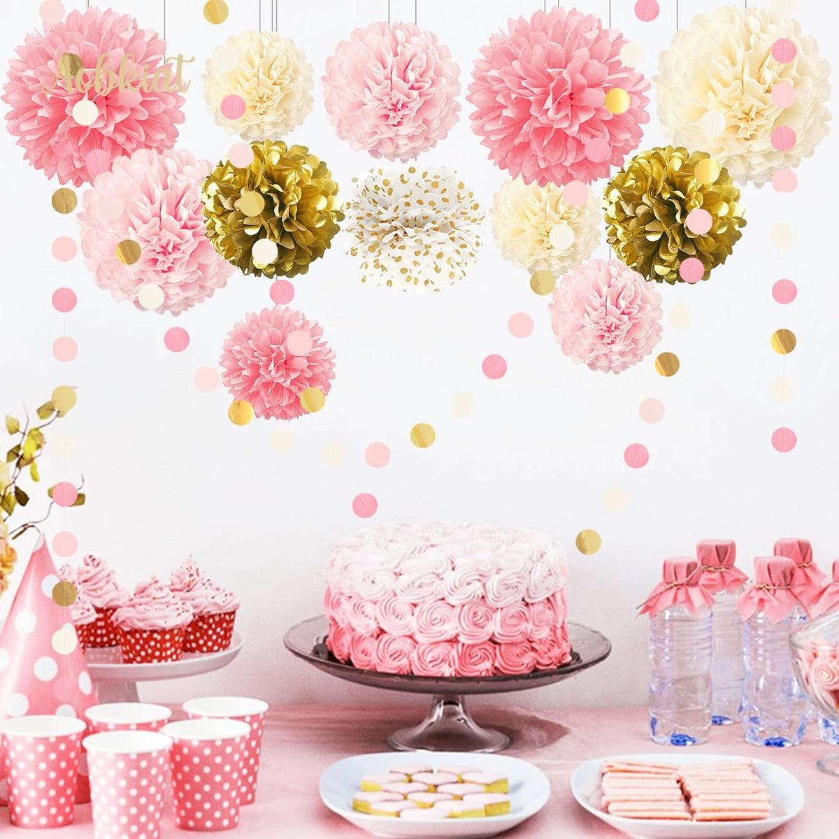 AOBKIAT Wedding Baby Shower Decorations Set,15PCS Pink Gold Tissue Paper Pom Poms,Circle Dots