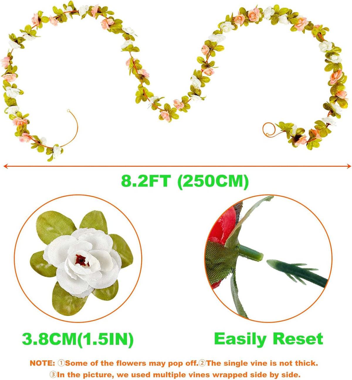 8 Pcs x 8.2 ft Flower Garland Artificial Rose Vine Flowers with Green Leaves Hanging Fake Roses