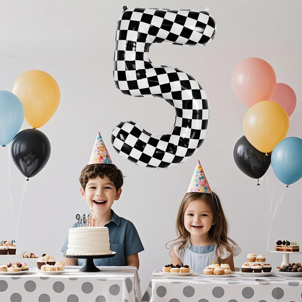 40 Inch Checkered Number Balloon - Race Flag Pattern Big Helium Balloon for Birthday Party