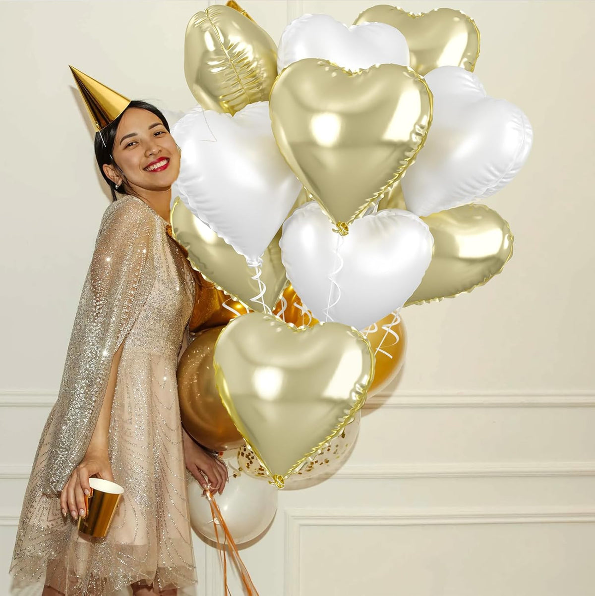Biapian Pastel Gold Heart Balloons - 10 Pcs, 18 Inch, White Foil, Helium for Valentine's Day