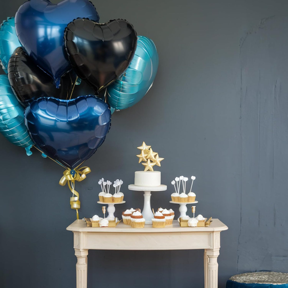 Blue Black Heart Balloons, 18 Inch Black and Dark Blue Heart Shape Balloon, 12PCS Blue Helium Foil