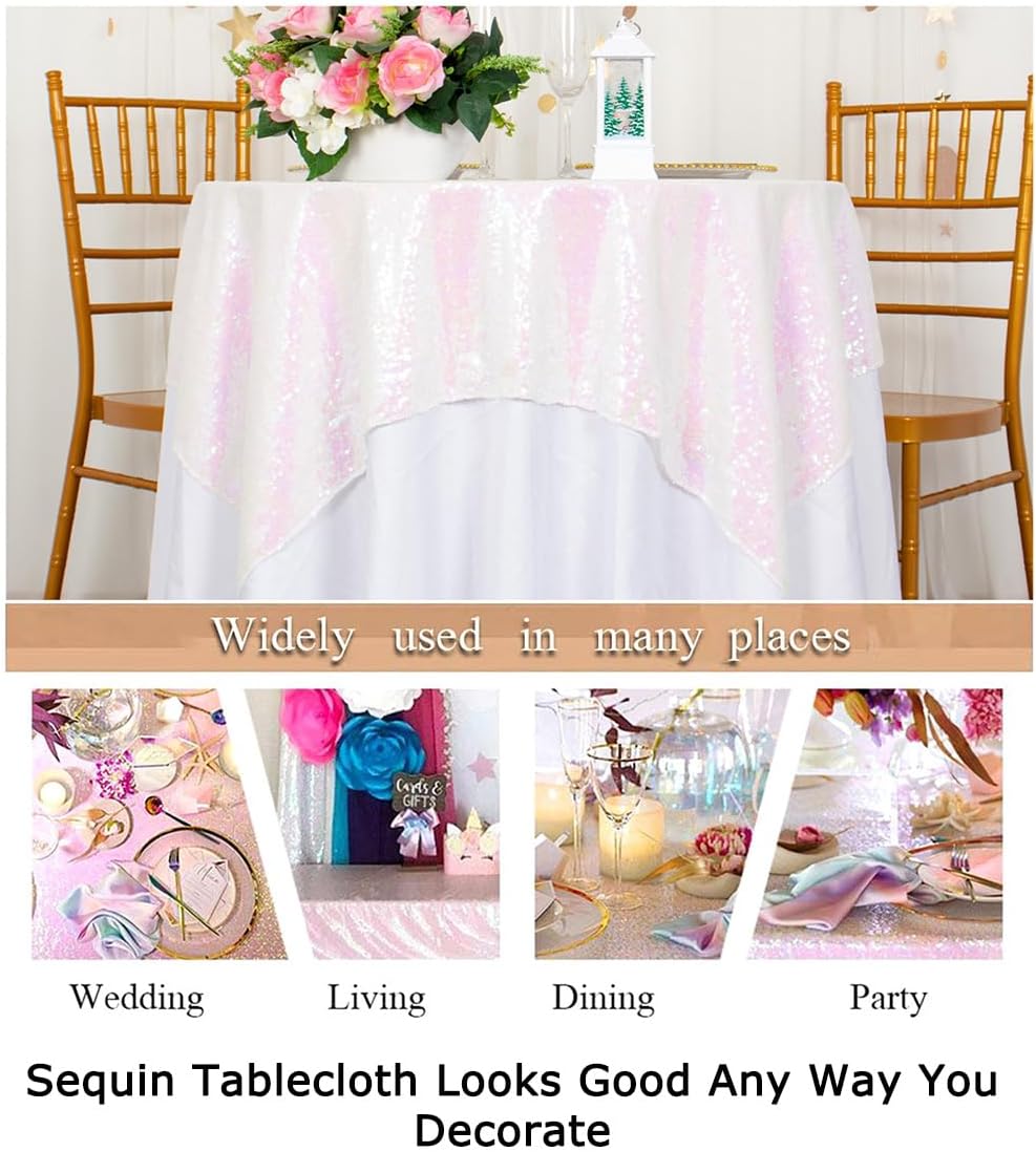 ShinyBeauty Sequin Tablecloth - Square 54x54-Inch Iridescent White Table Cloths for Round Table