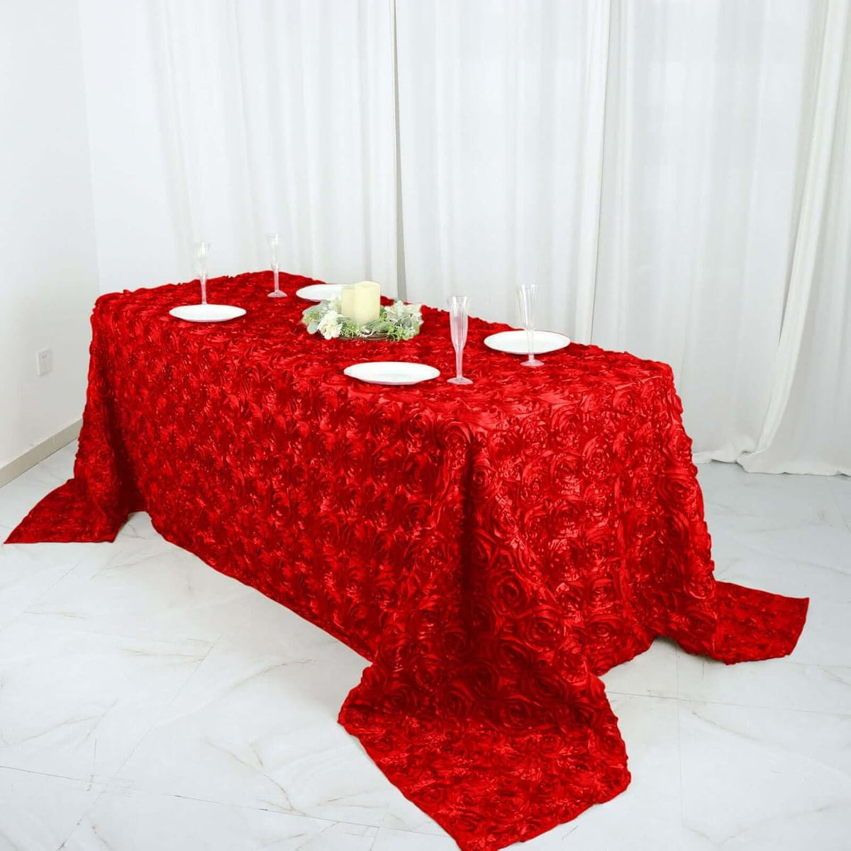 Efavormart 90"x132" Wholesale Rectangle Table Cover RED Grandiose Rosette 3D Satin Tablecloth for