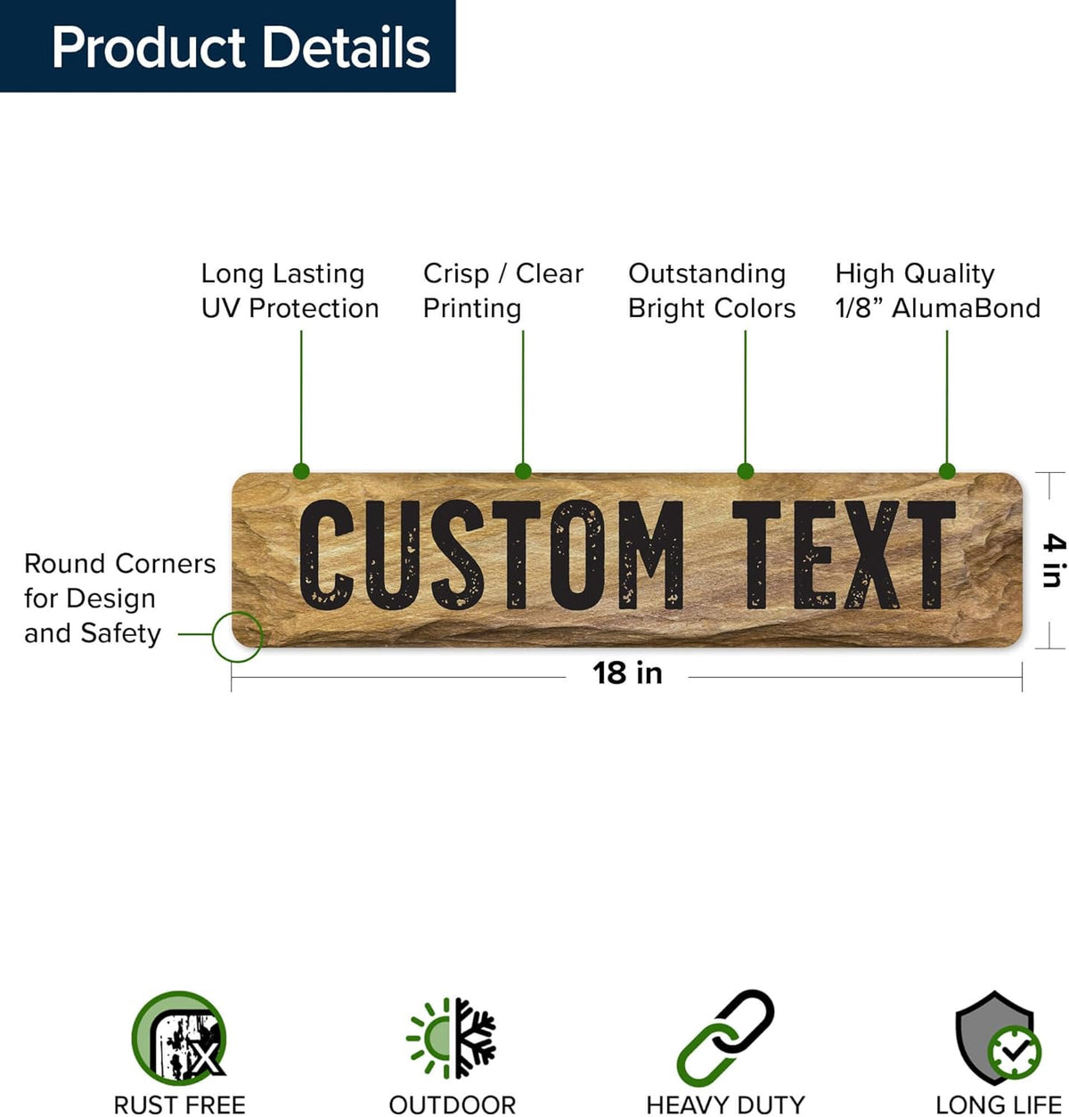 Custom Sign, Custom Street Sign, 11 Font Colors, 13 Font Styles, 4 Hole Options, 22 Sizes, 4x18