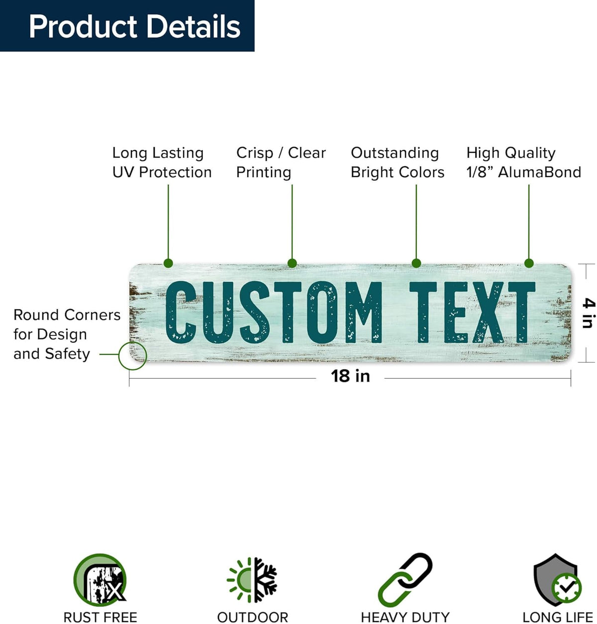 Custom Sign, Custom Street Sign, 11 Font Colors, 13 Font Styles, 4 Hole Options, 22 Sizes, 4x18