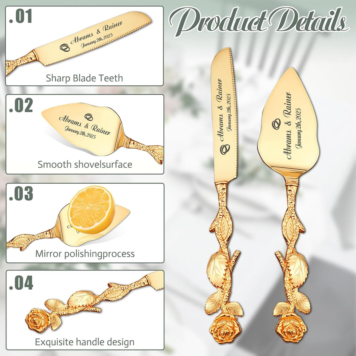 HJX Personalized Wedding Cake Knife and Server Set - Custom Name Engraved Cutting Set with Elegant