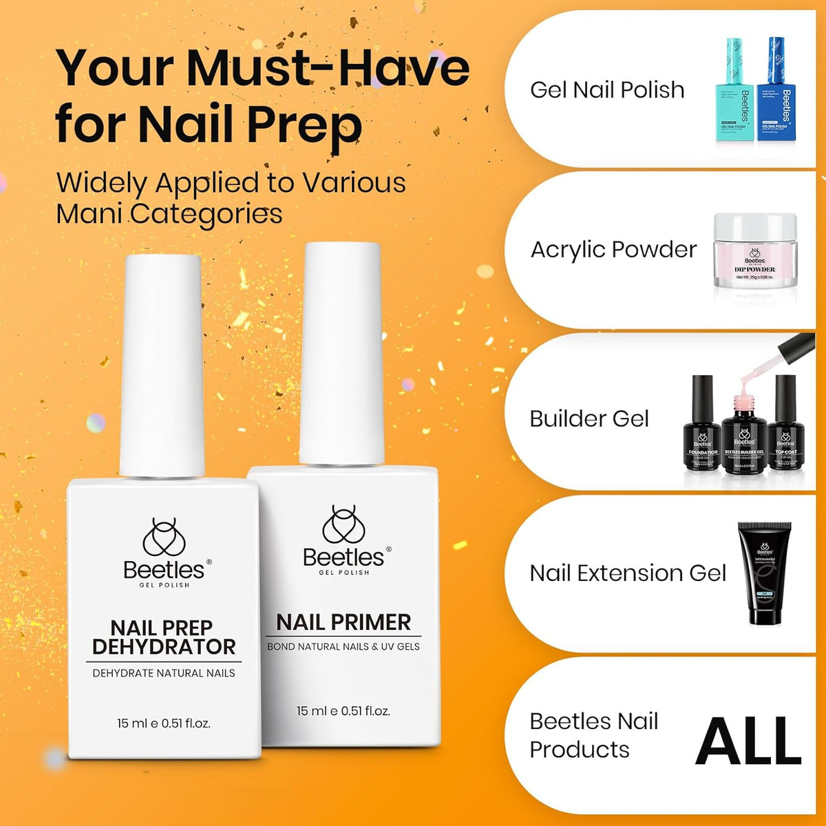 Beetles 4 Pcs 15ml Gel Top Coat and Base Coat Set with Nail Dehydrator and Primer,Professional Nail