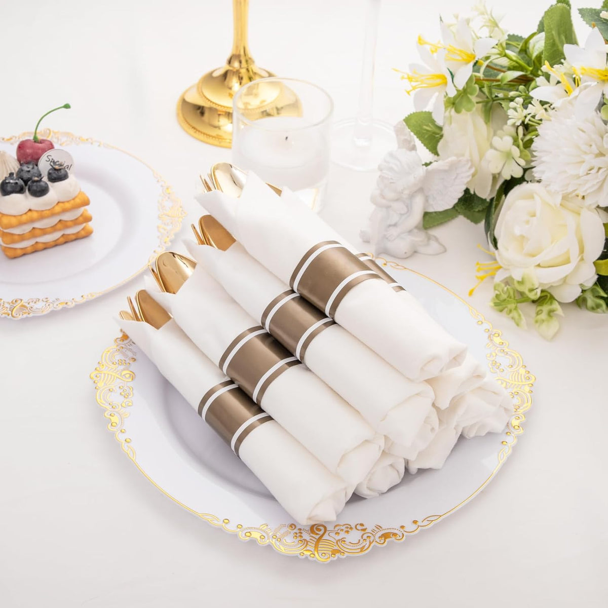 400PCS Pre Rolled Gold Plastic Silverware Sets - Heavy Duty Fancy Gold Cutlery - Include 100 Pack