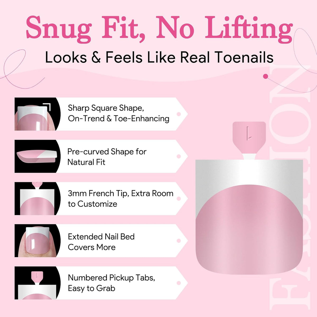 Press On Toenails for Women French Tips, Sharp Square Pre-applied Primer & Base Coat Toe Nail Press