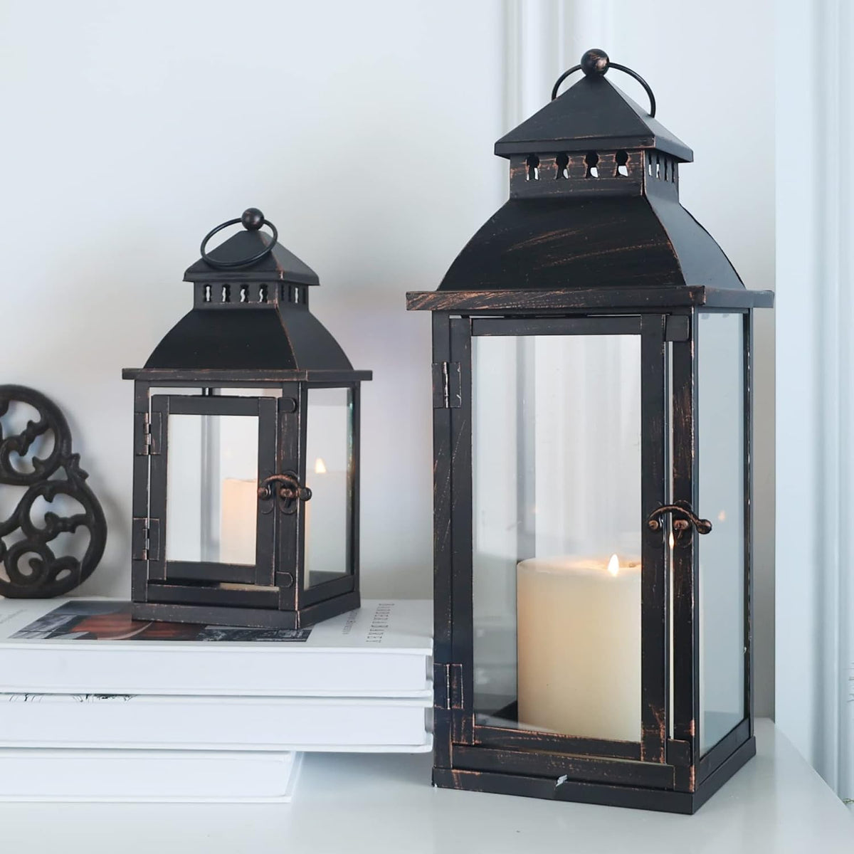 NEEDOMO Lanterns Decorative Outdoor&Indoor, Set of 2 Large Bronze Metal Lantern Decor with Glass