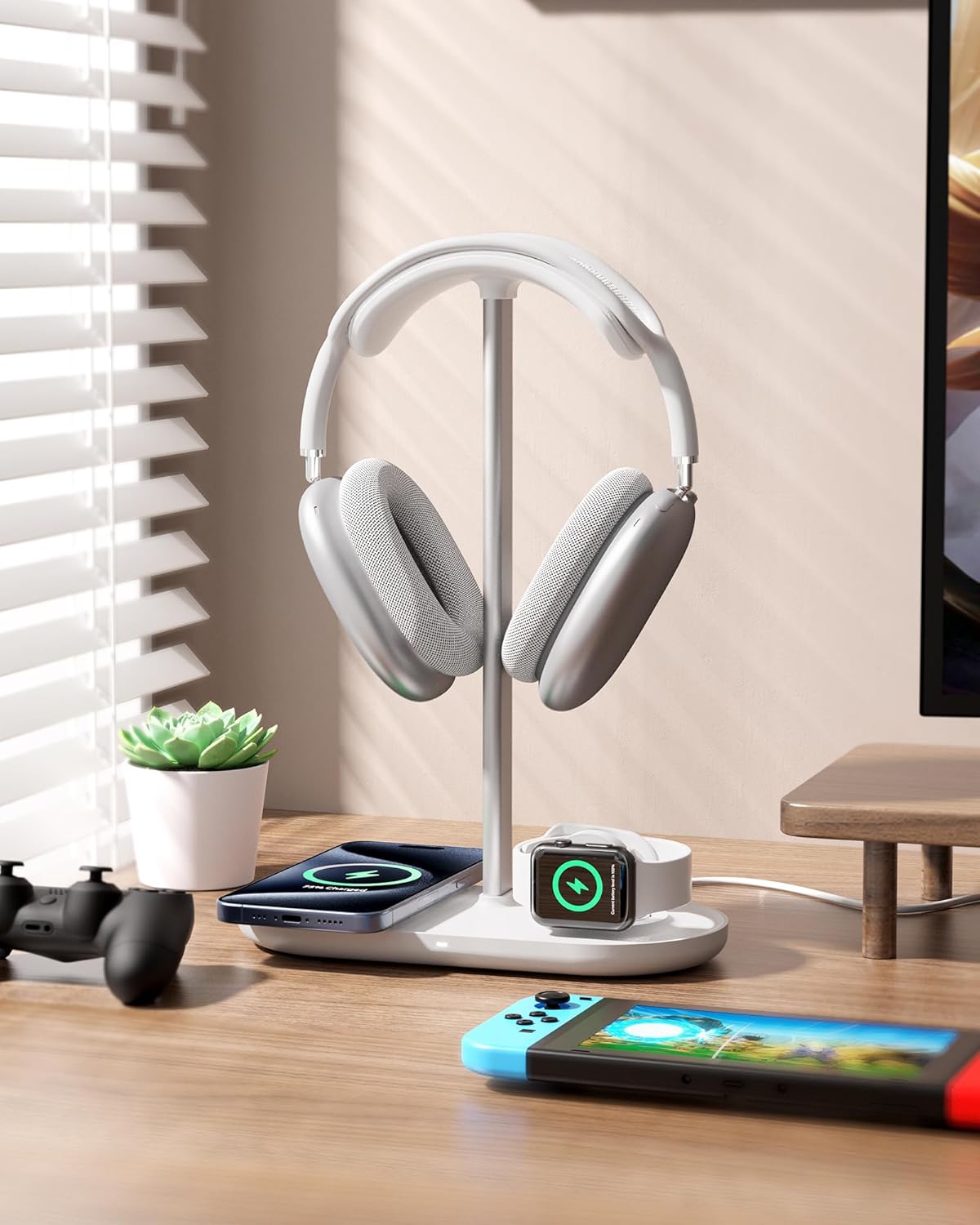 Universal Headphone Stand, Magnetic Wireless Charger for iPhones/AirPods/iWatch, Aluminum Alloy