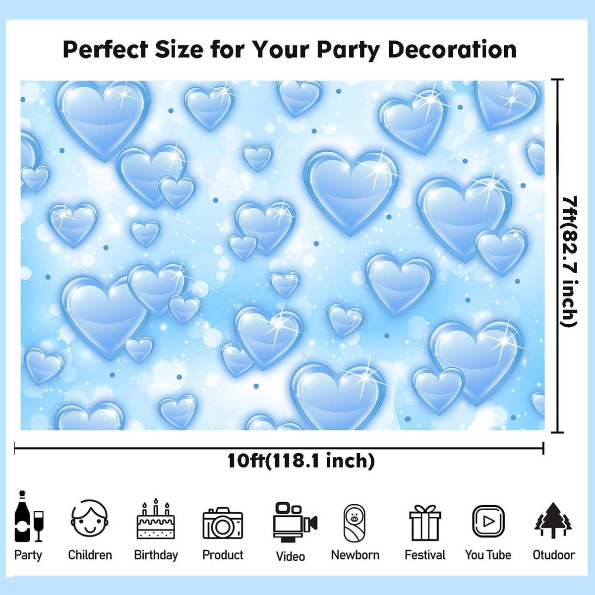 Sensfun 10x7ft Light Blue Heart Backdrop Early 2000s Party Decorations Old School Backdrops