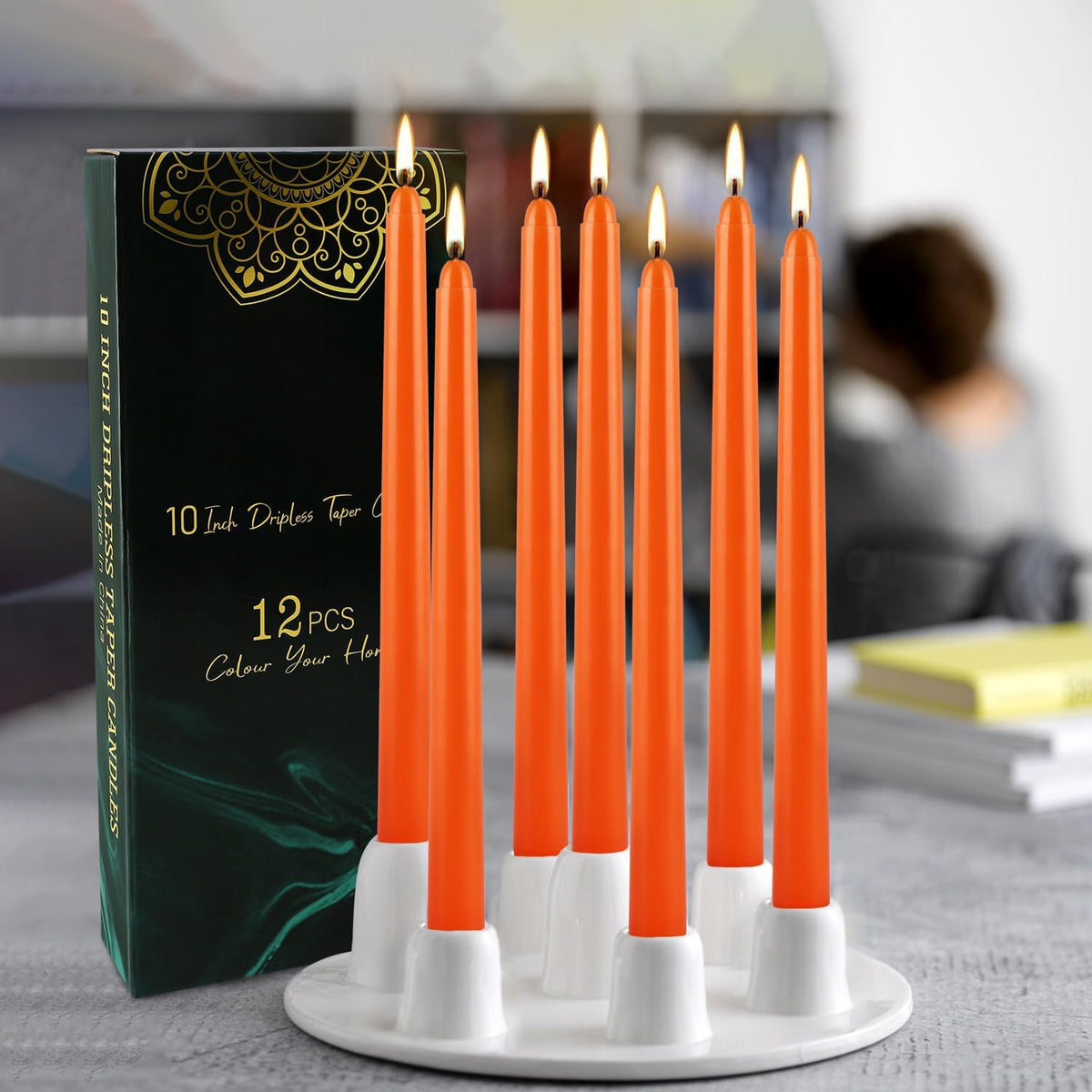 12-Pack Orange Taper Candles - 10 Inch Unscented Dripless Candlesticks, Long Burning for Halloween