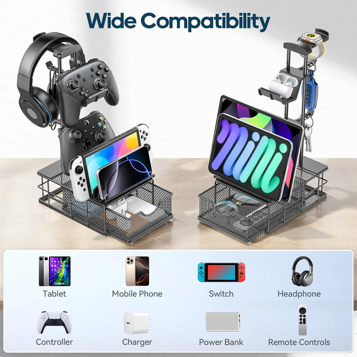 KDD Headphone Stand with Drawer - Headset & Controller Holder for Desk - Aluminum Supporting Bar