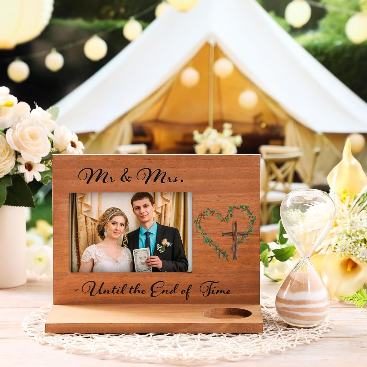 Blosssound Wedding Sand Ceremony Set Wooden Photo Frame, Hourglass Funnel, Sand, Glass Bottles, Mr