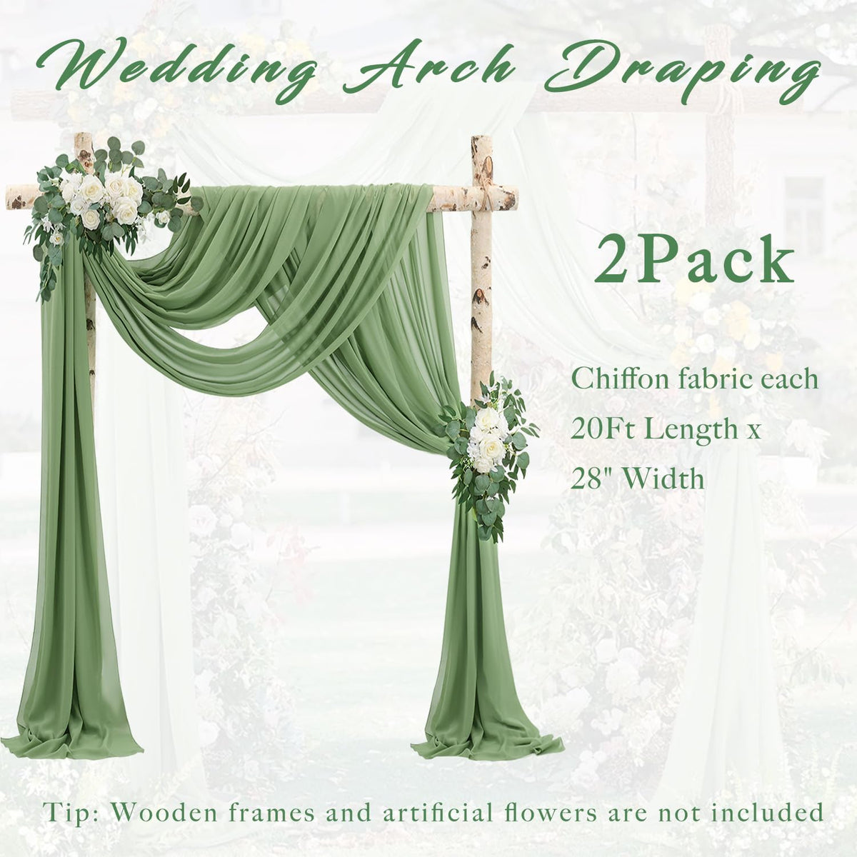 Wedding Arch Draping Fabric 2 Panels 20Ft length x 28" width Sage Green Arch Drapes Chiffon Fabric