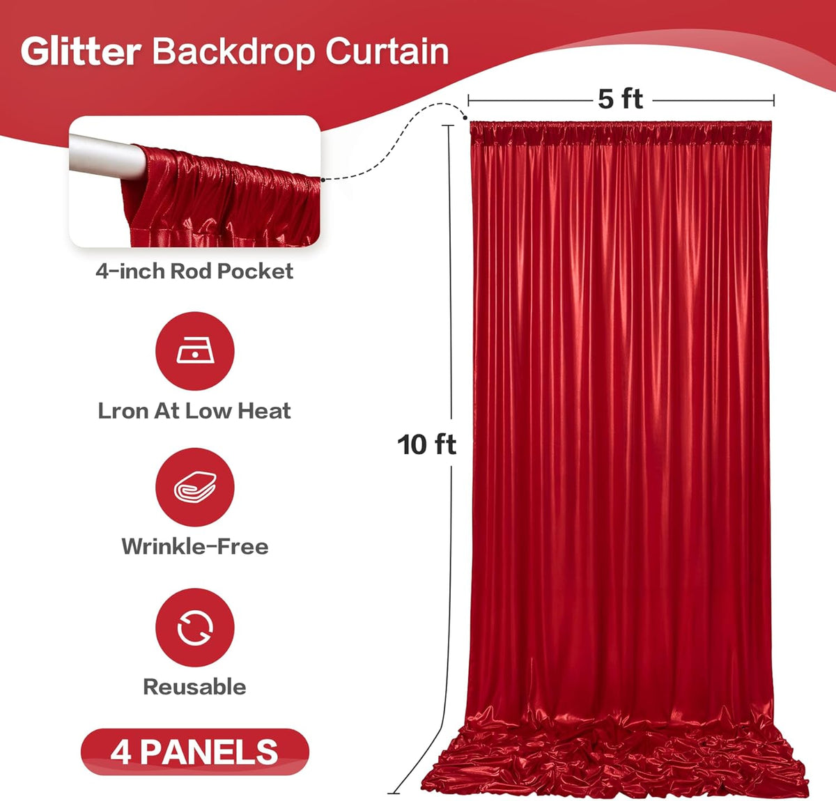 gogoparti 20x10FT Red Sequin Backdrop Curtain - 4 Panels of 5x10FT Wrinkle-Free Glitter Drapes for