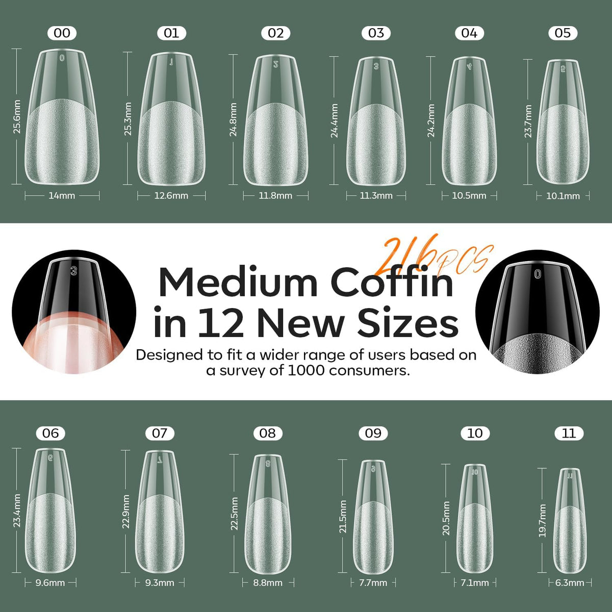 modelones Medium Coffin Gel Nail Tips Kit, 9-in-One Nail Glue with Portable U V Lamp 216Pcs 12Sizes