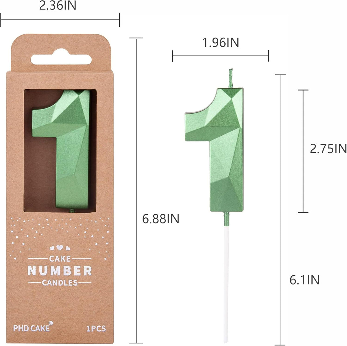 PHD CAKE 2.76 Inch Crystal Green 1 Number Cake Candle, Numeral Birthday Candles, Green Number
