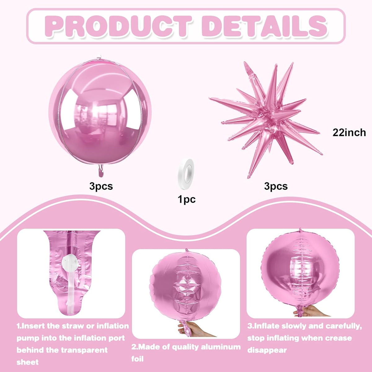 6Pcs Pink Foil Balloons,22Inch Light Pink 4D Round Ball Balloon and Explosion Star Balloon for