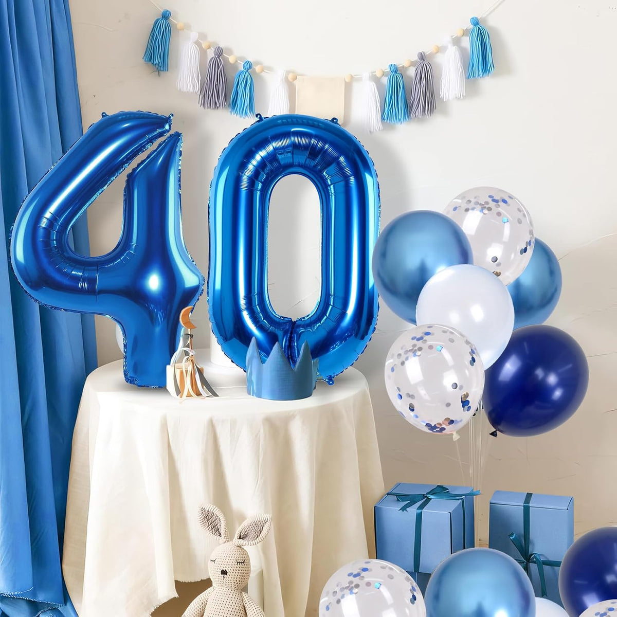 Large Foil Number 40 Balloons, Big Light Navy Blue 40 Helium Balloon with Metallic Silver Confetti